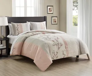 Chezmoi Collection Everly King Bed in a Bag 7-Pieces Luxury Blush Taupe Cherry Blossom Floral Embroidery Comforter Set with Sheets All Season Bedding Set, King