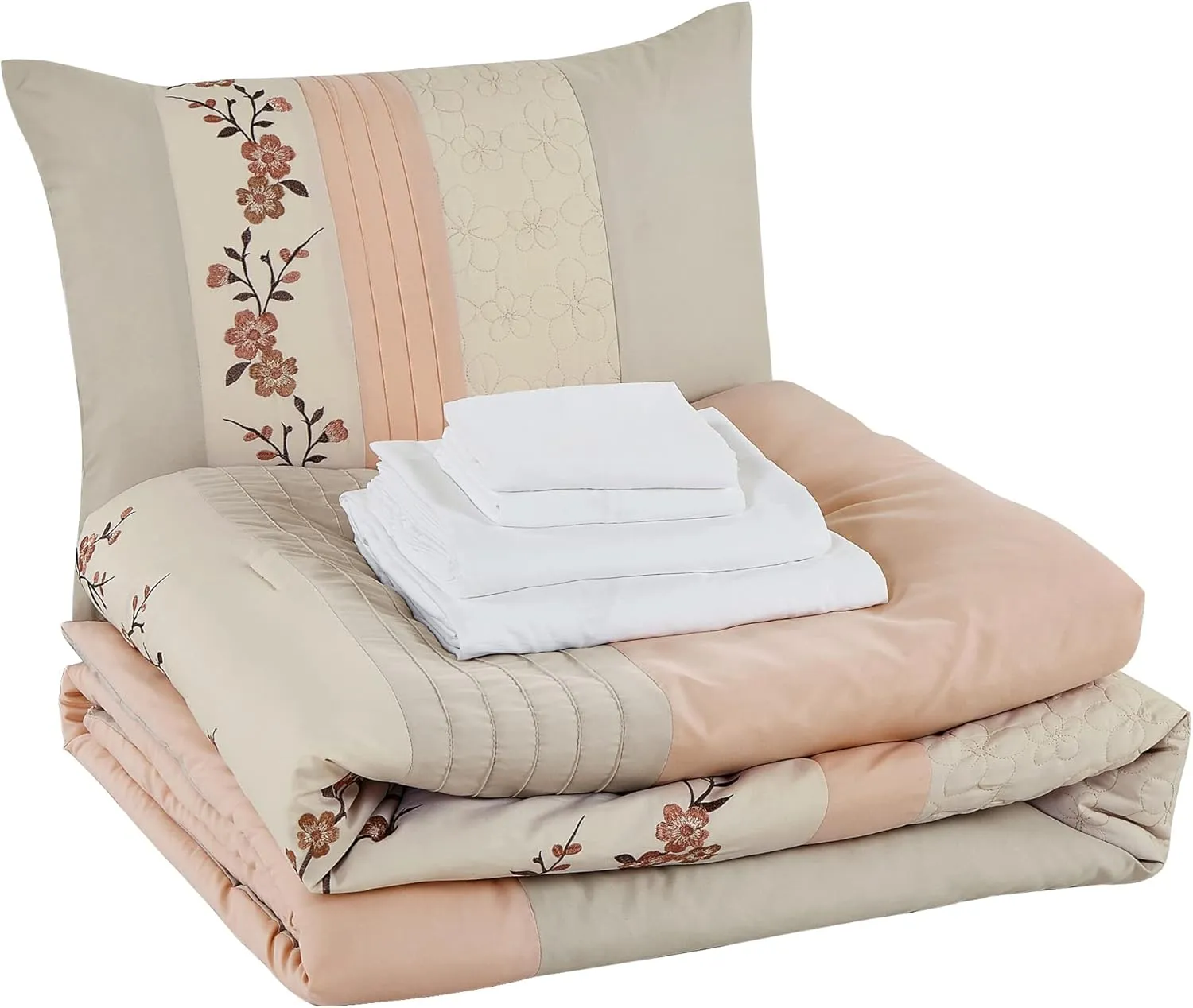 Chezmoi Collection Everly King Bed in a Bag 7-Pieces Luxury Blush Taupe Cherry Blossom Floral Embroidery Comforter Set with Sheets All Season Bedding Set, King