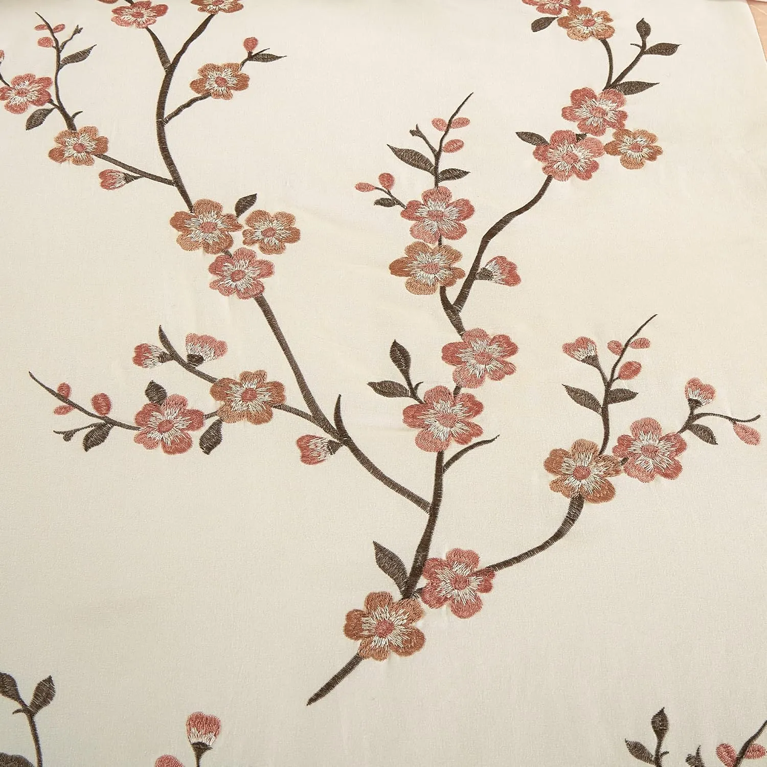 Chezmoi Collection Everly King Bed in a Bag 7-Pieces Luxury Blush Taupe Cherry Blossom Floral Embroidery Comforter Set with Sheets All Season Bedding Set, King