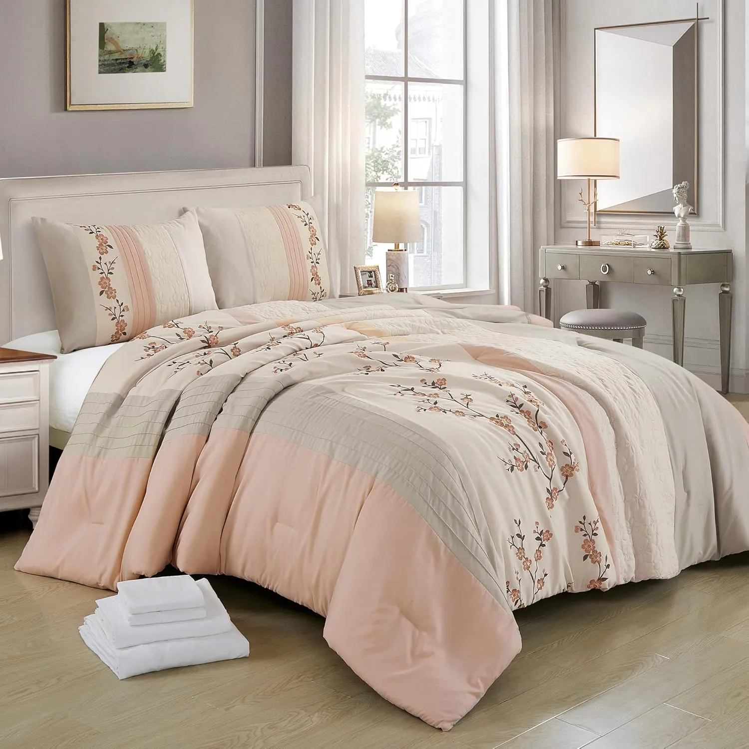Chezmoi Collection Everly King Bed in a Bag 7-Pieces Luxury Blush Taupe Cherry Blossom Floral Embroidery Comforter Set with Sheets All Season Bedding Set, King