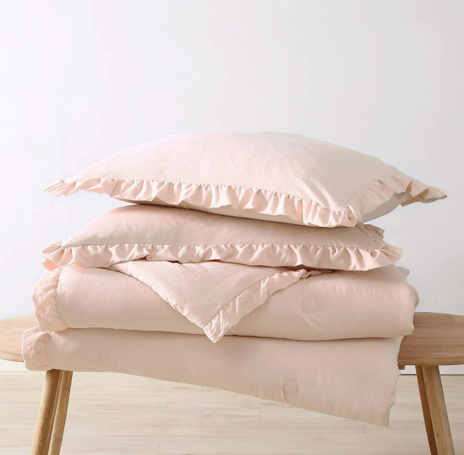 Chezmoi Collection Nora 3-Piece Ruffled Edge Trim Soft Washed Microfiber Comforter Set (Full, Blush)