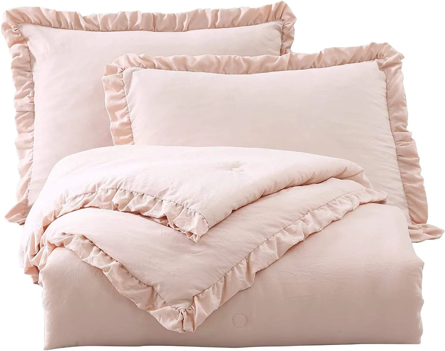 Chezmoi Collection Nora 3-Piece Ruffled Edge Trim Soft Washed Microfiber Comforter Set (Full, Blush)