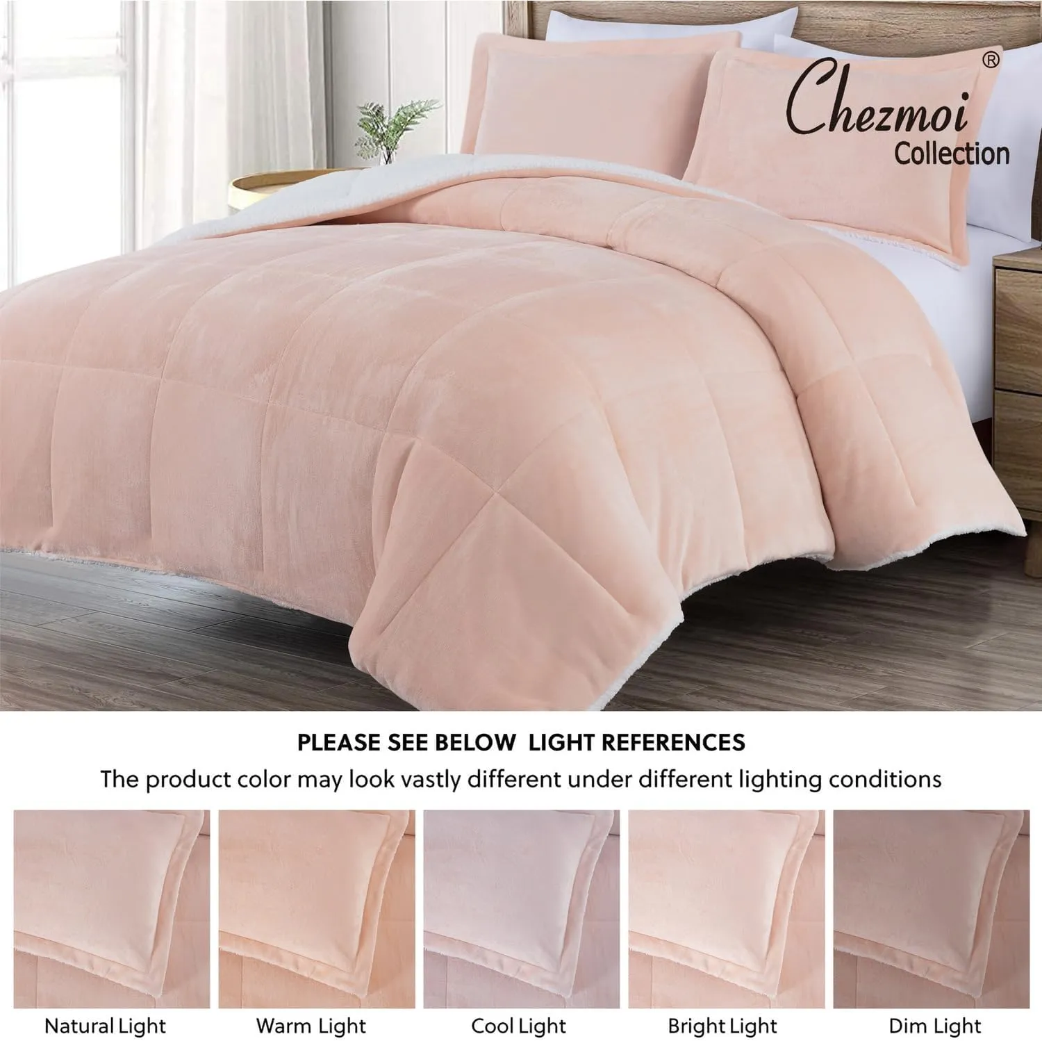 Chezmoi Collection Ultra-Soft Micromink Sherpa Comforter Set with 2 Pillow Shams King Size - Blush Reversible Plush Bedding Comforter 3-Piece Set Warm Winter Blanket