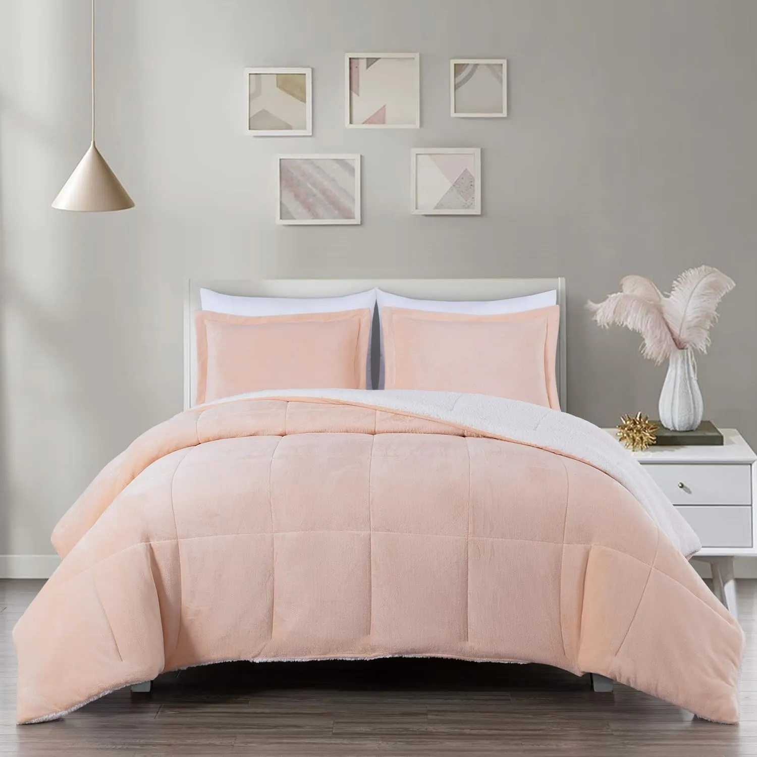 Chezmoi Collection Ultra-Soft Micromink Sherpa Comforter Set with 2 Pillow Shams King Size - Blush Reversible Plush Bedding Comforter 3-Piece Set Warm Winter Blanket
