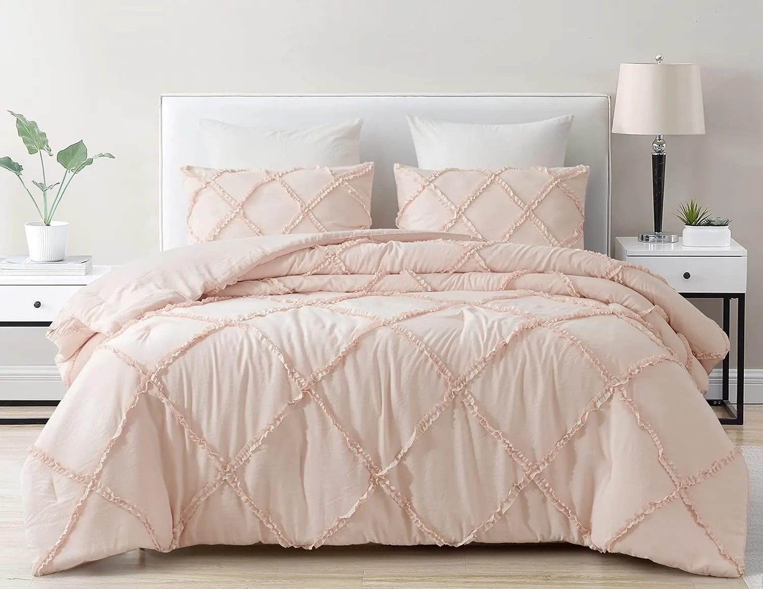 Chezmoi Collection Vivian 3-Piece Diamond Ruffle Quilted Trim Soft Washed Microfiber Comforter Set (Full, Blush)