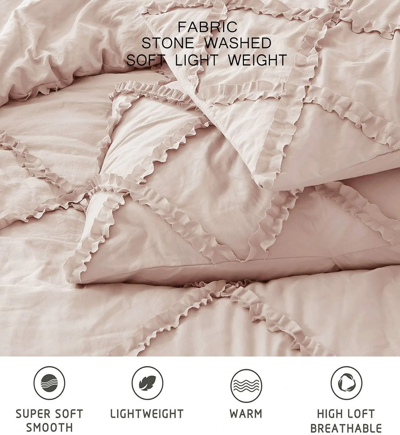 Chezmoi Collection Vivian 3-Piece Diamond Ruffle Quilted Trim Soft Washed Microfiber Comforter Set (Full, Blush)