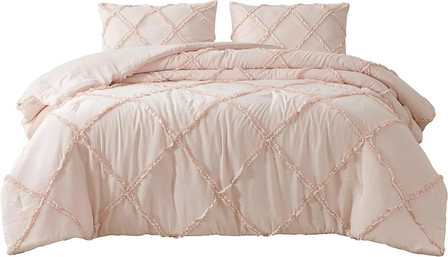 Chezmoi Collection Vivian 3-Piece Diamond Ruffle Quilted Trim Soft Washed Microfiber Comforter Set (Full, Blush)