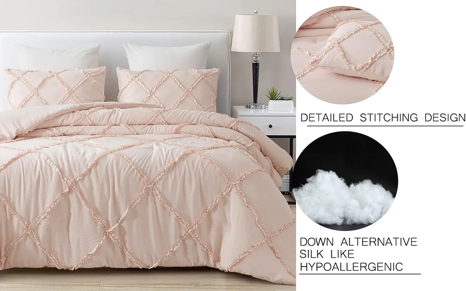 Chezmoi Collection Vivian 3-Piece Diamond Ruffle Quilted Trim Soft Washed Microfiber Comforter Set (Full, Blush)