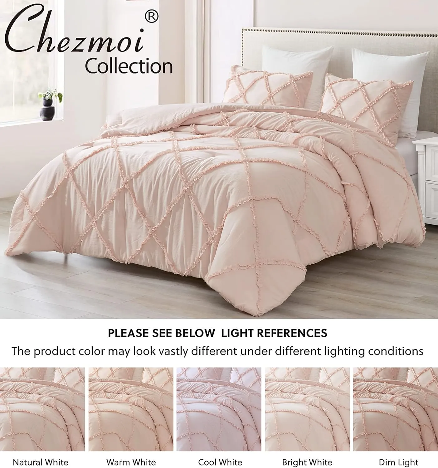 Chezmoi Collection Vivian 3-Piece Diamond Ruffle Quilted Trim Soft Washed Microfiber Comforter Set (Full, Blush)