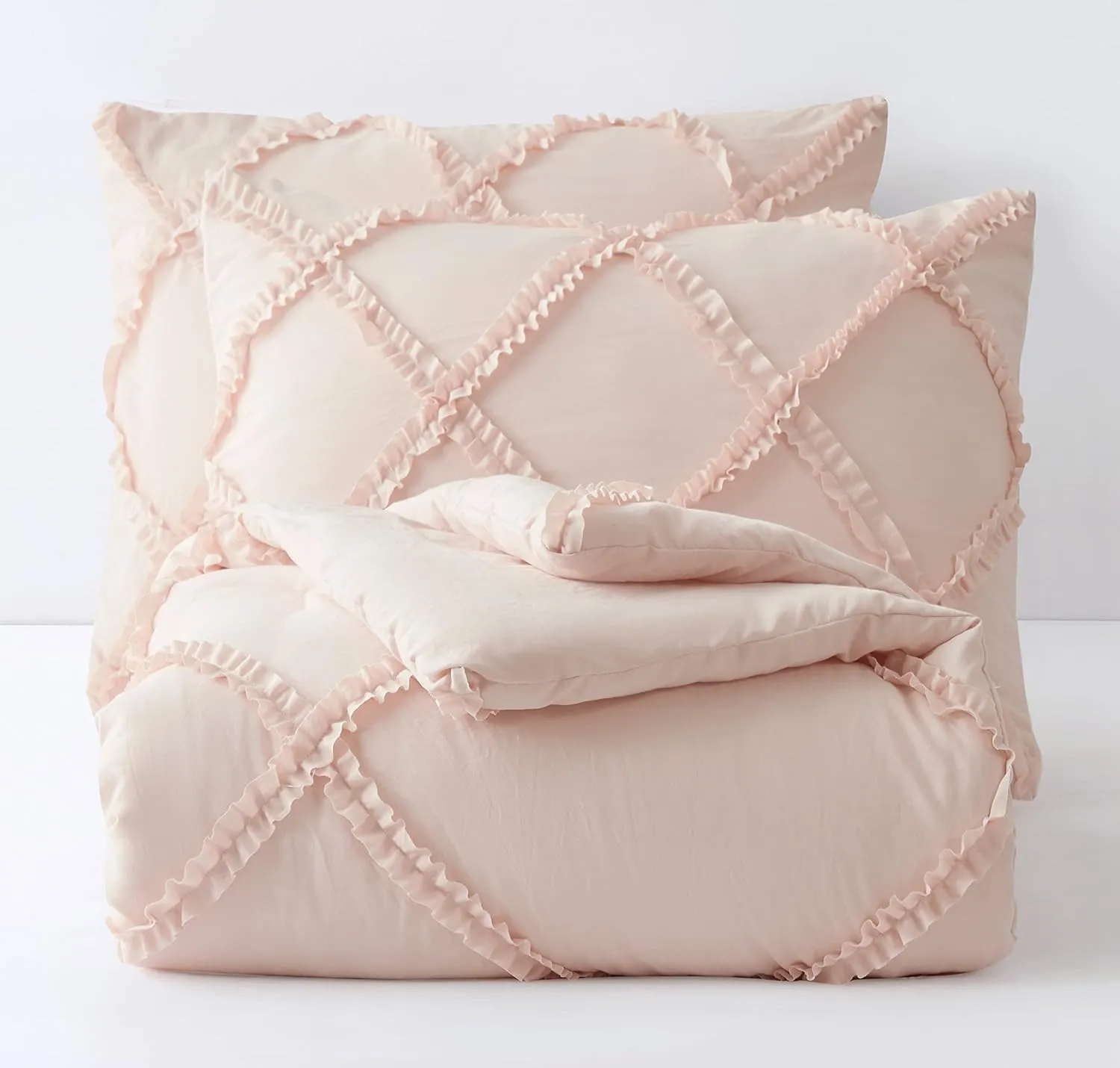 Chezmoi Collection Vivian 3-Piece Diamond Ruffle Quilted Trim Soft Washed Microfiber Comforter Set (Full, Blush)