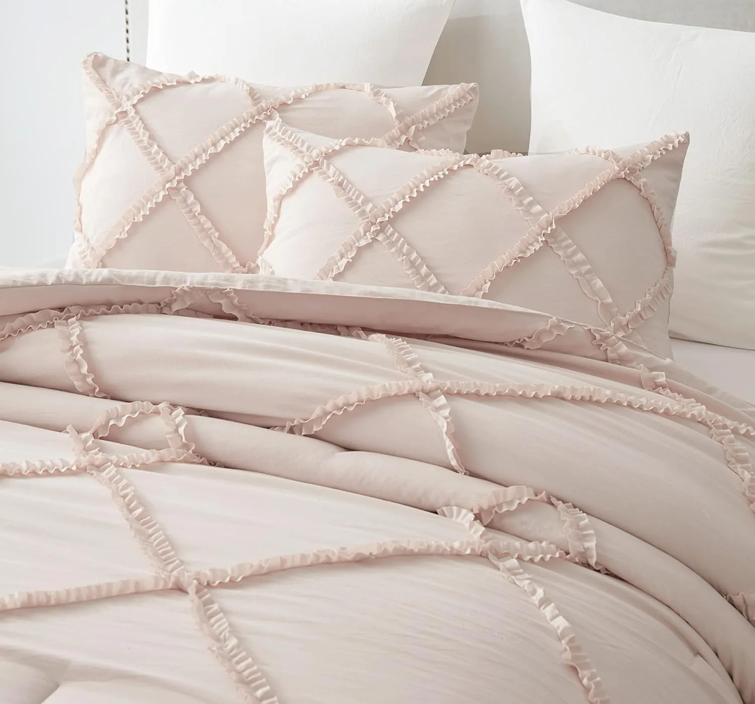 Chezmoi Collection Vivian 3-Piece Diamond Ruffle Quilted Trim Soft Washed Microfiber Comforter Set (Full, Blush)