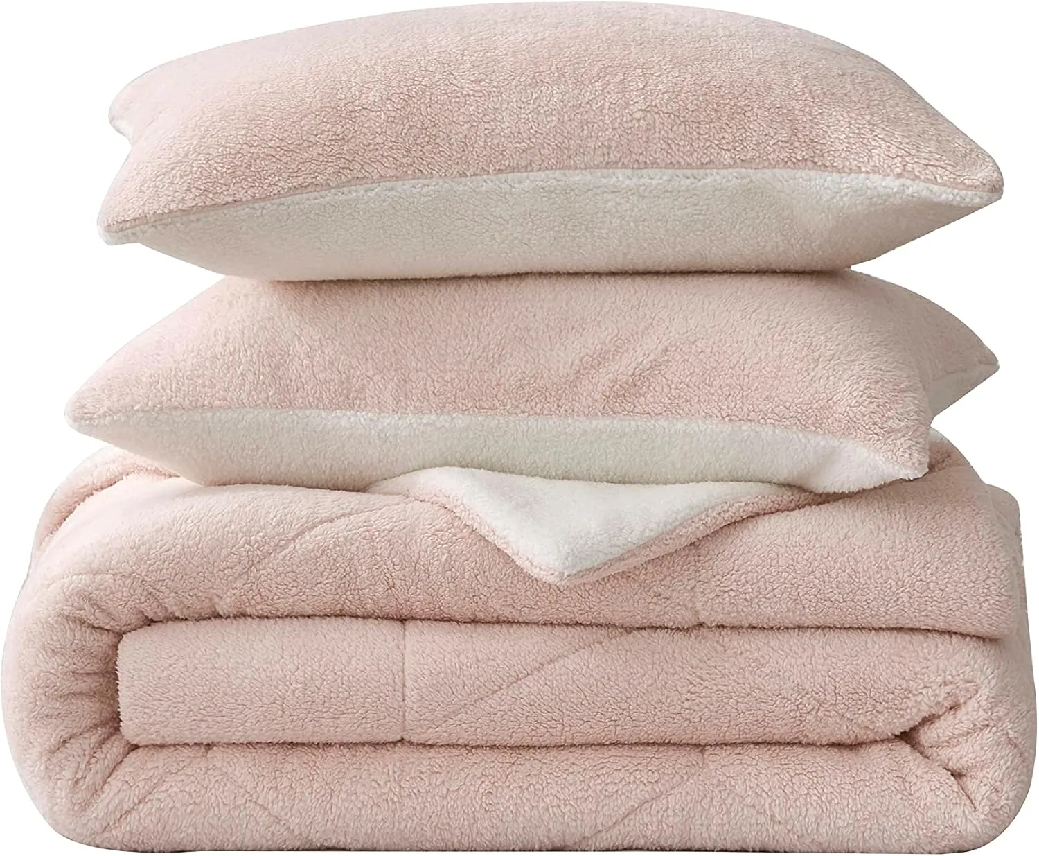 Chezmoi Collection Wynne 3-Piece Honeycomb Sherpa Comforter Set - Double Sided Reversible Sherpa Bedding - King, Blush