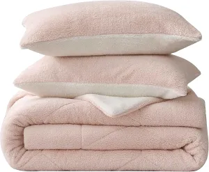 Chezmoi Collection Wynne 3-Piece Honeycomb Sherpa Comforter Set - Double Sided Reversible Sherpa Bedding - King, Blush