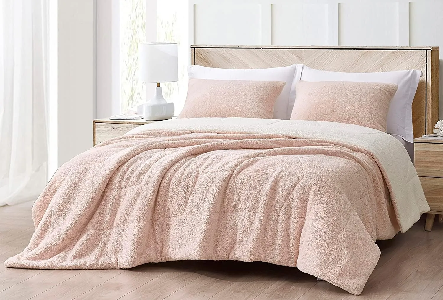 Chezmoi Collection Wynne 3-Piece Honeycomb Sherpa Comforter Set - Double Sided Reversible Sherpa Bedding - King, Blush