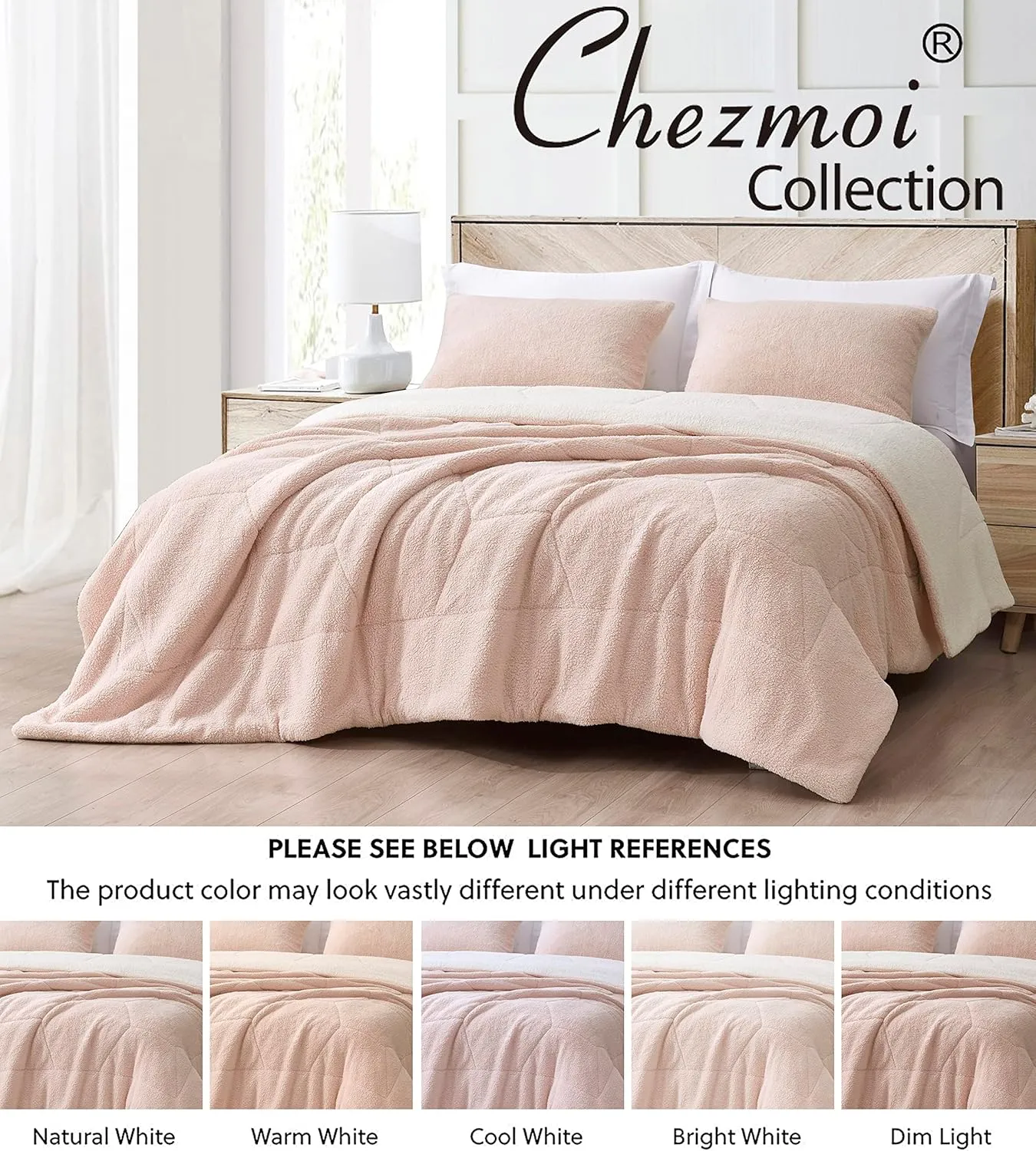 Chezmoi Collection Wynne 3-Piece Honeycomb Sherpa Comforter Set - Double Sided Reversible Sherpa Bedding - King, Blush