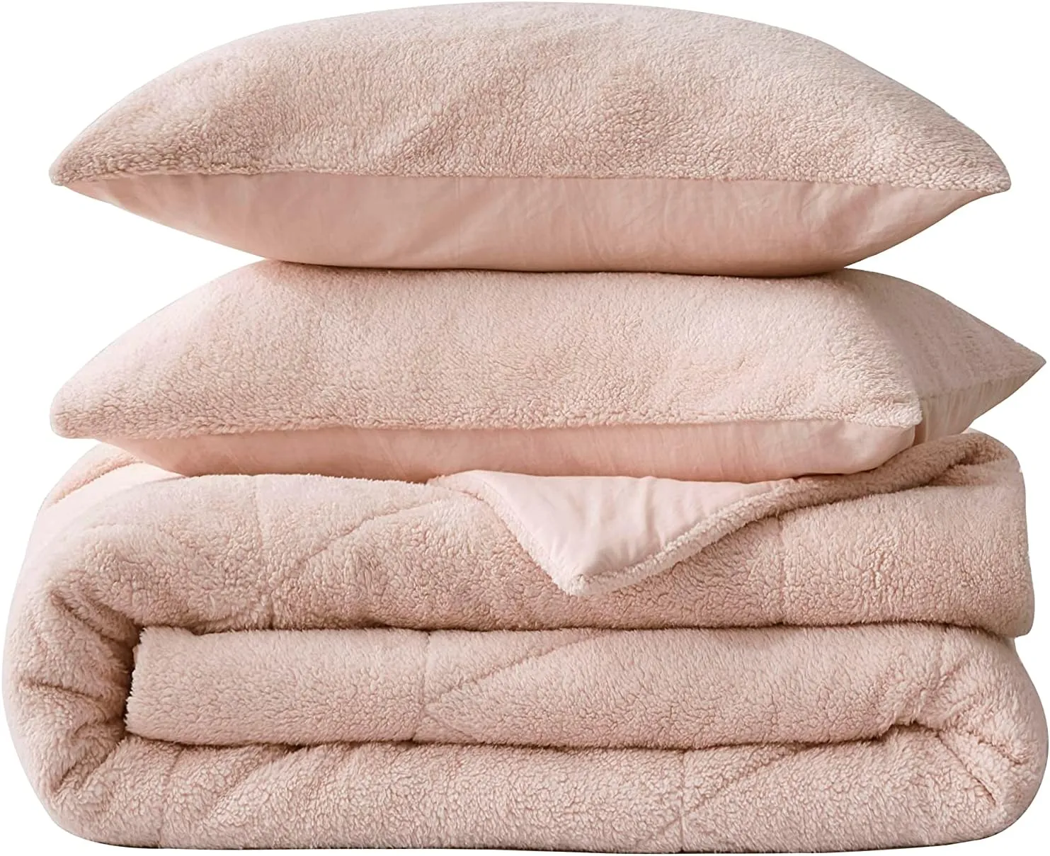Chezmoi Collection Zane 3-Piece Sherpa Comforter Set - Double Sided Triangle Quilting Reversible Washed Microfiber Comforter Bedding Set - King, Blush