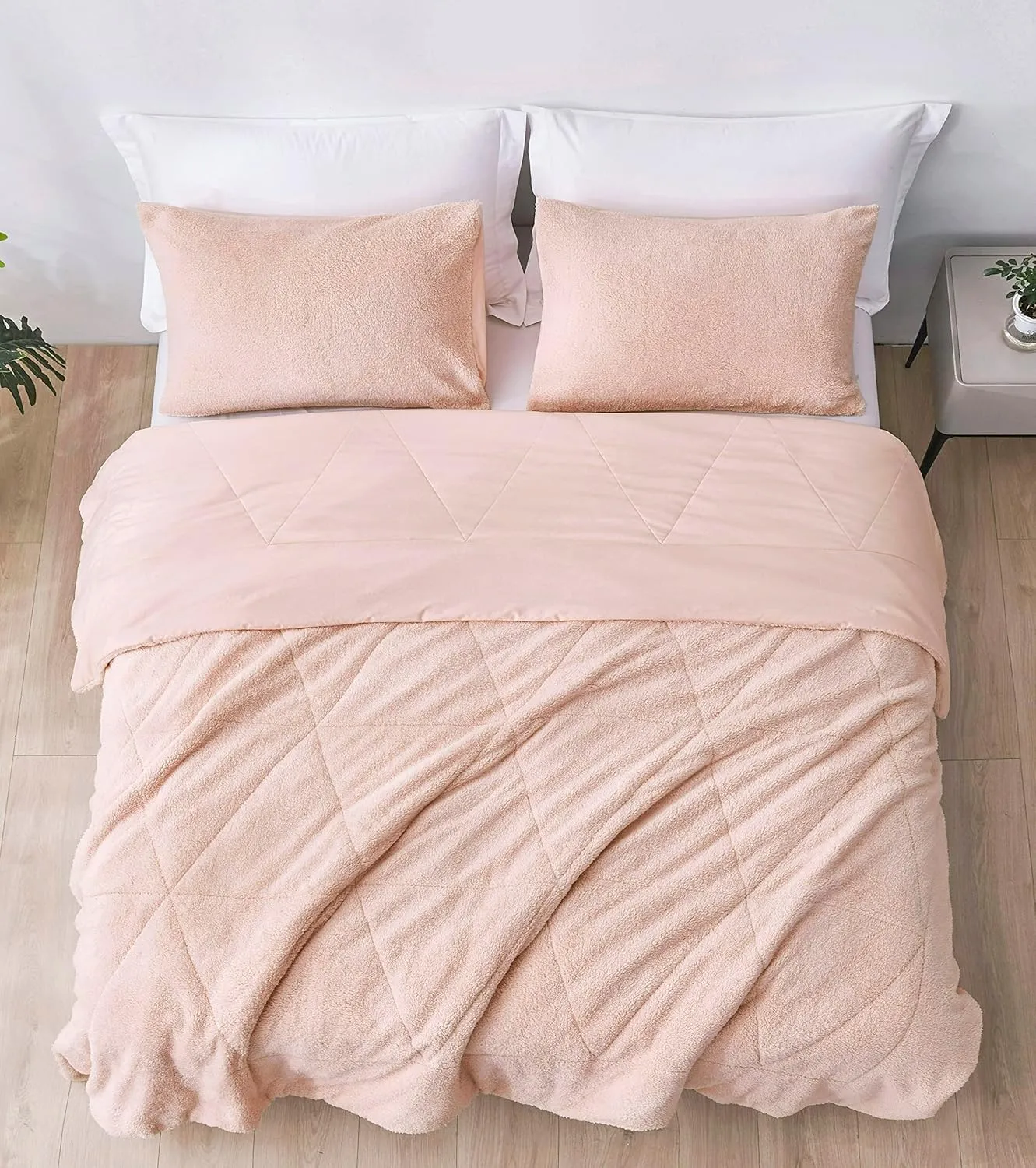 Chezmoi Collection Zane 3-Piece Sherpa Comforter Set - Double Sided Triangle Quilting Reversible Washed Microfiber Comforter Bedding Set - King, Blush