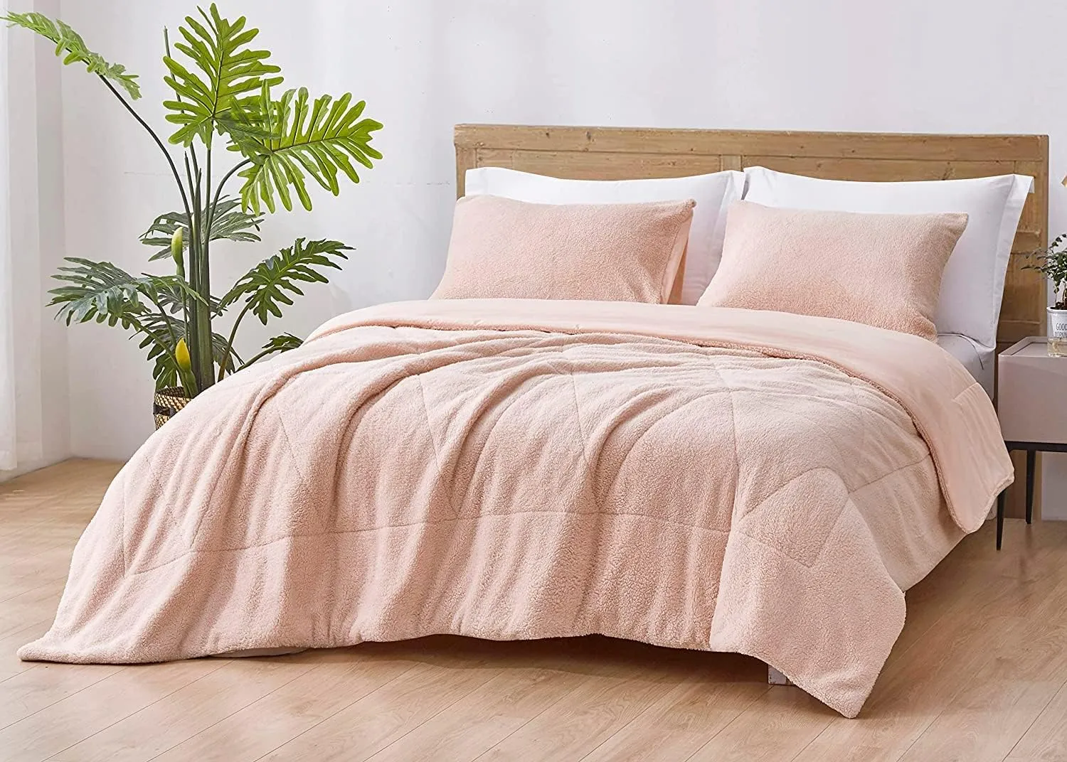 Chezmoi Collection Zane 3-Piece Sherpa Comforter Set - Double Sided Triangle Quilting Reversible Washed Microfiber Comforter Bedding Set - King, Blush