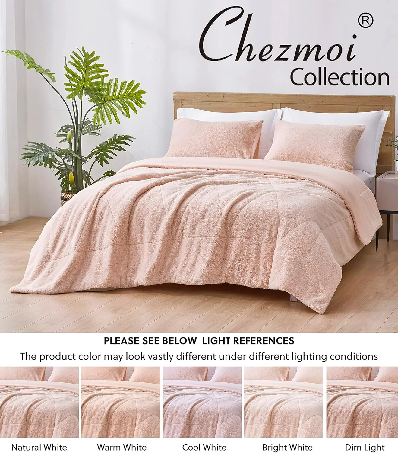 Chezmoi Collection Zane 3-Piece Sherpa Comforter Set - Double Sided Triangle Quilting Reversible Washed Microfiber Comforter Bedding Set - King, Blush