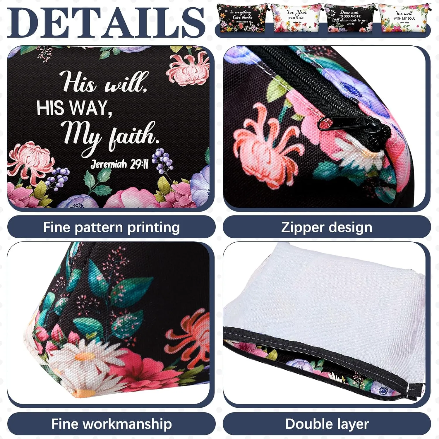 Chunful 12 Pcs Inspirational Christian Gifts Religious Makeup Bags Bulk for Women Bible Verse Flower Cosmetic Bag Mother's Day Gift for Church Ladies Student Office, 7.48 x 4.72 Inch(Elegant)
