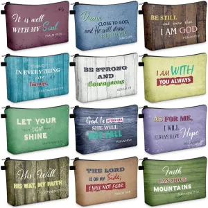 Chunful 12 Pcs Inspirational Christian Gifts Religious Makeup Bags Bulk for Women Bible Verse Flower Cosmetic Bag Mother's Day Gift for Church Ladies Student Office, 7.48 x 4.72 Inch(Retro)