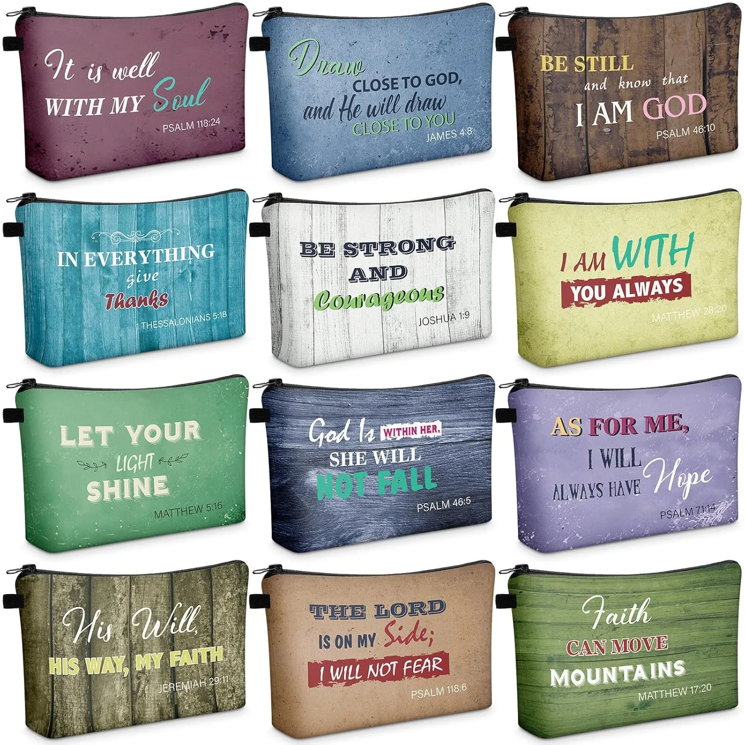 Chunful 12 Pcs Inspirational Christian Gifts Religious Makeup Bags Bulk for Women Bible Verse Flower Cosmetic Bag Mother's Day Gift for Church Ladies Student Office, 7.48 x 4.72 Inch(Retro)