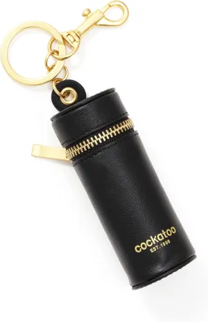 Cockatoo Nappa Leaeher Zipper Lipstick Holder Keychain Chapstick Case with Keyring (Black)