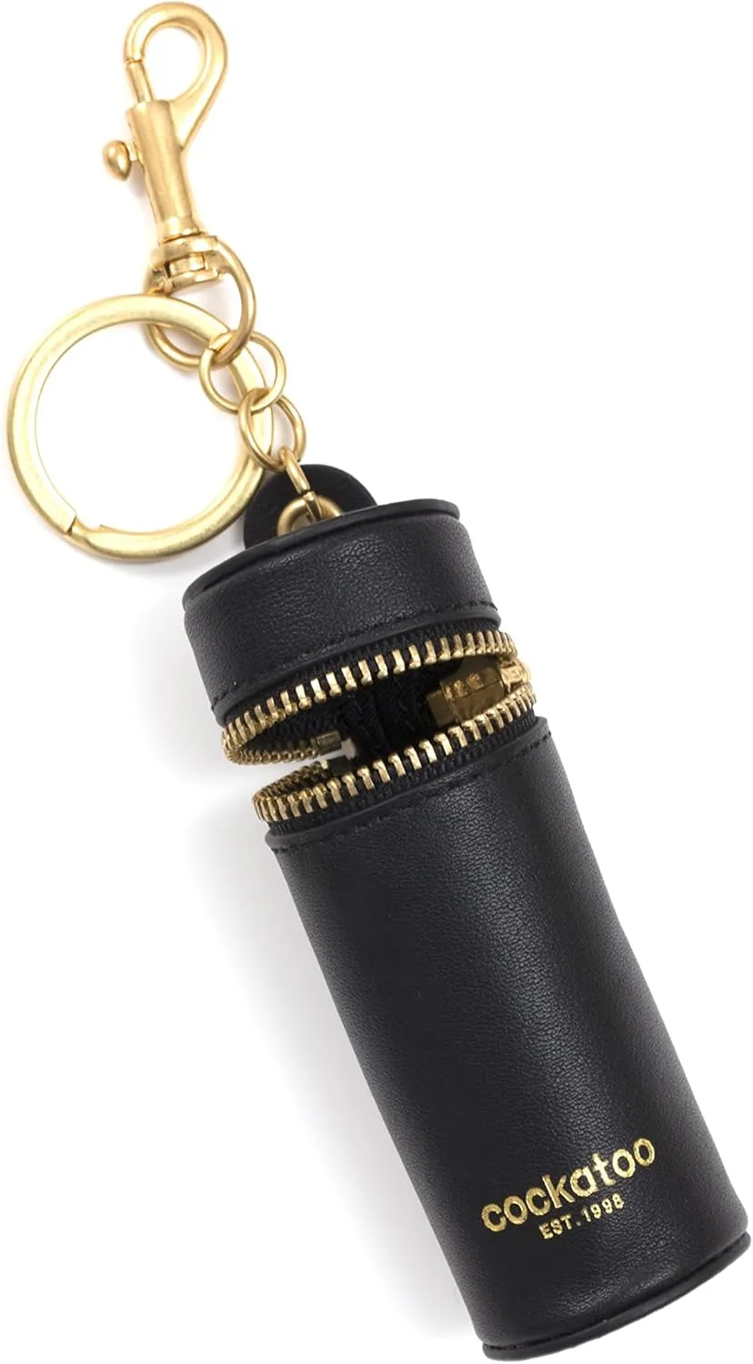 Cockatoo Nappa Leaeher Zipper Lipstick Holder Keychain Chapstick Case with Keyring (Black)