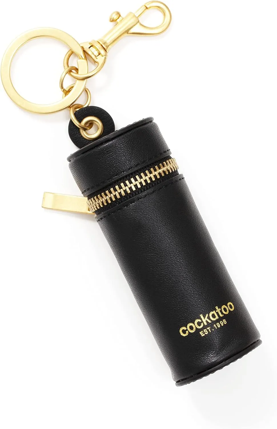 Cockatoo Nappa Leaeher Zipper Lipstick Holder Keychain Chapstick Case with Keyring (Black)