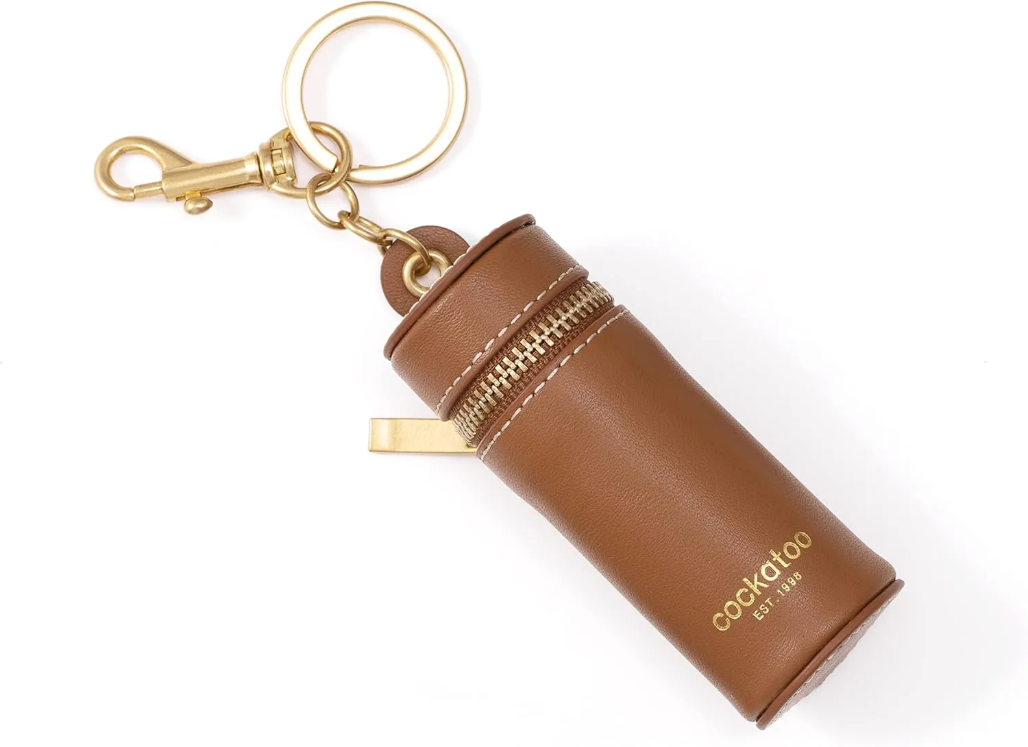 Cockatoo Nappa Leaeher Zipper Lipstick Holder Keychain Chapstick Case with Keyring (Brandy)