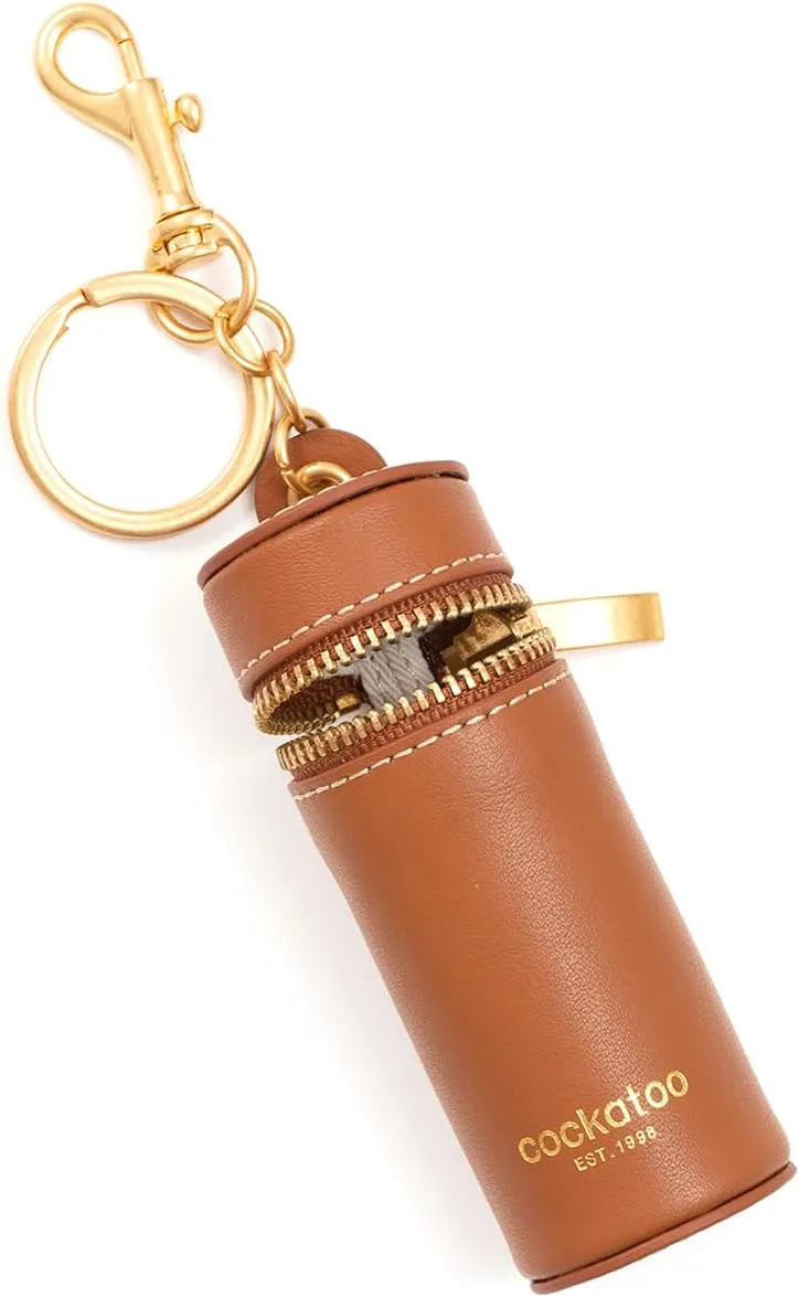 Cockatoo Nappa Leaeher Zipper Lipstick Holder Keychain Chapstick Case with Keyring (Brandy)