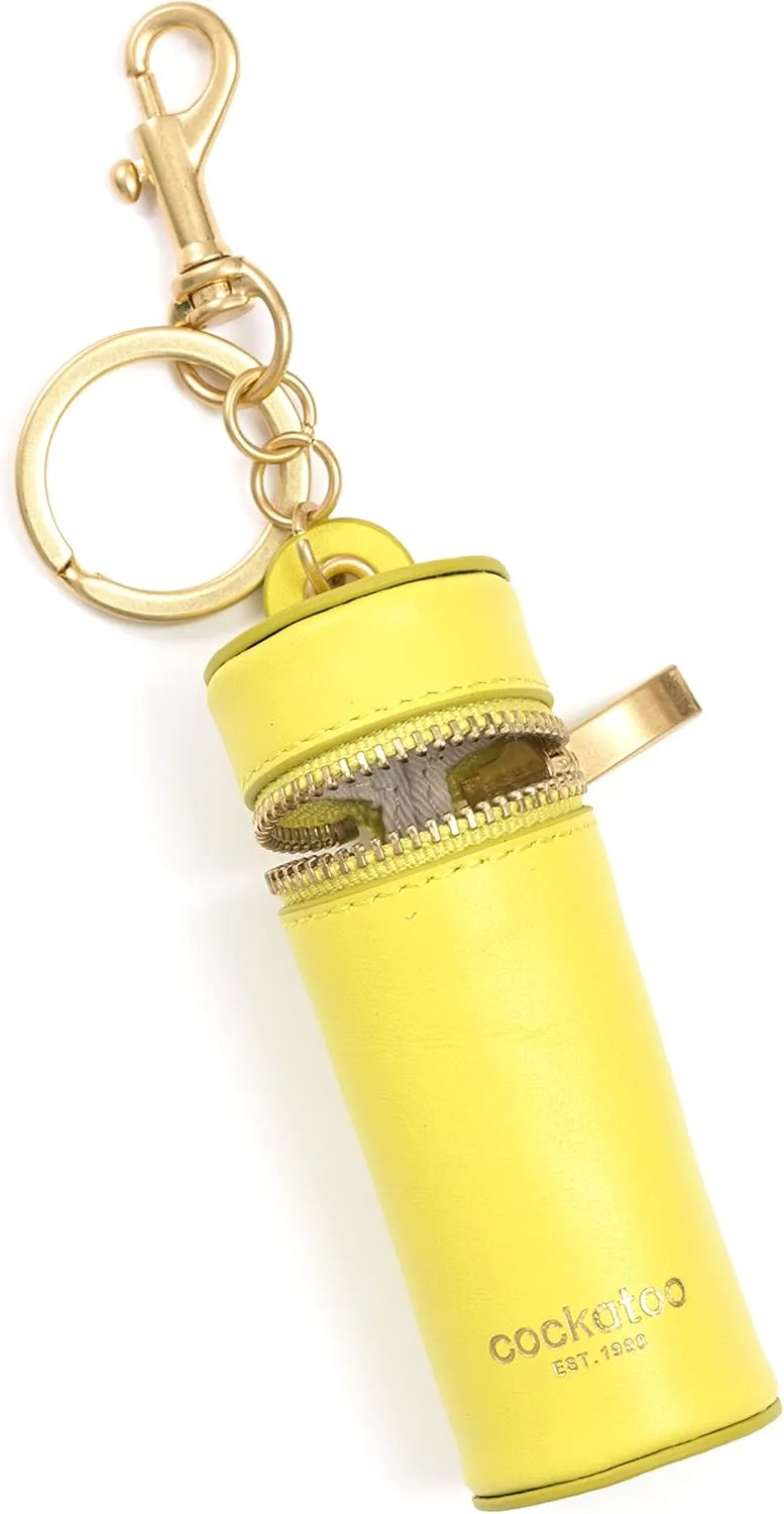 Cockatoo Nappa Leaeher Zipper Lipstick Holder Keychain Chapstick Case with Keyring (BrightYellow)