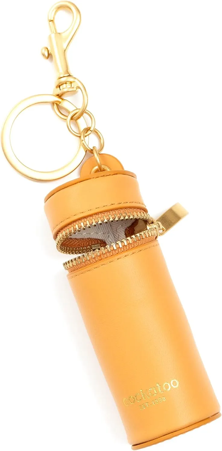 Cockatoo Nappa Leaeher Zipper Lipstick Holder Keychain Chapstick Case with Keyring (Pumpkin)