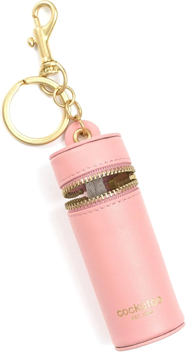 Cockatoo Nappa Leaeher Zipper Lipstick Holder Keychain Chapstick Case with Keyring (Strawberry)