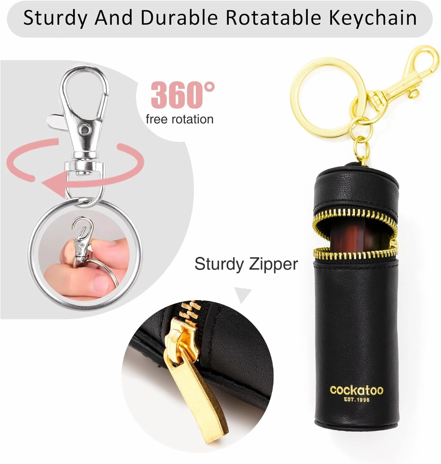 Cockatoo Nappa Leaeher Zipper Lipstick Case with Keyring Chapstick Holder Keychain