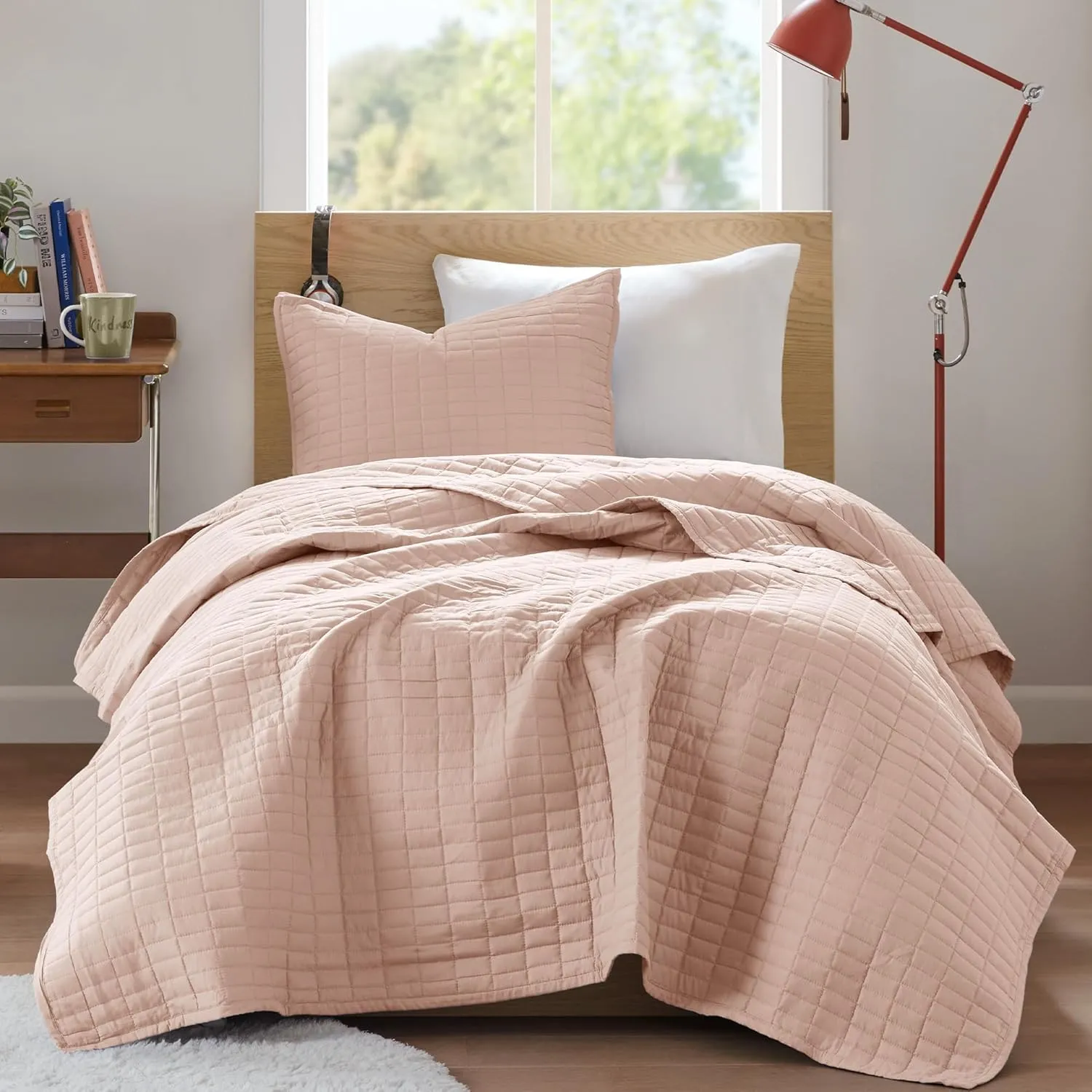 Comfort Spaces Kienna Quilt Set-Luxury Double Sided Stitching Design Summer Blanket, Lightweight, Soft, All Season Bedding Layer, Matching Sham, Blush, Coverlet Twin/Twin XL(66"x90") 2 Piece