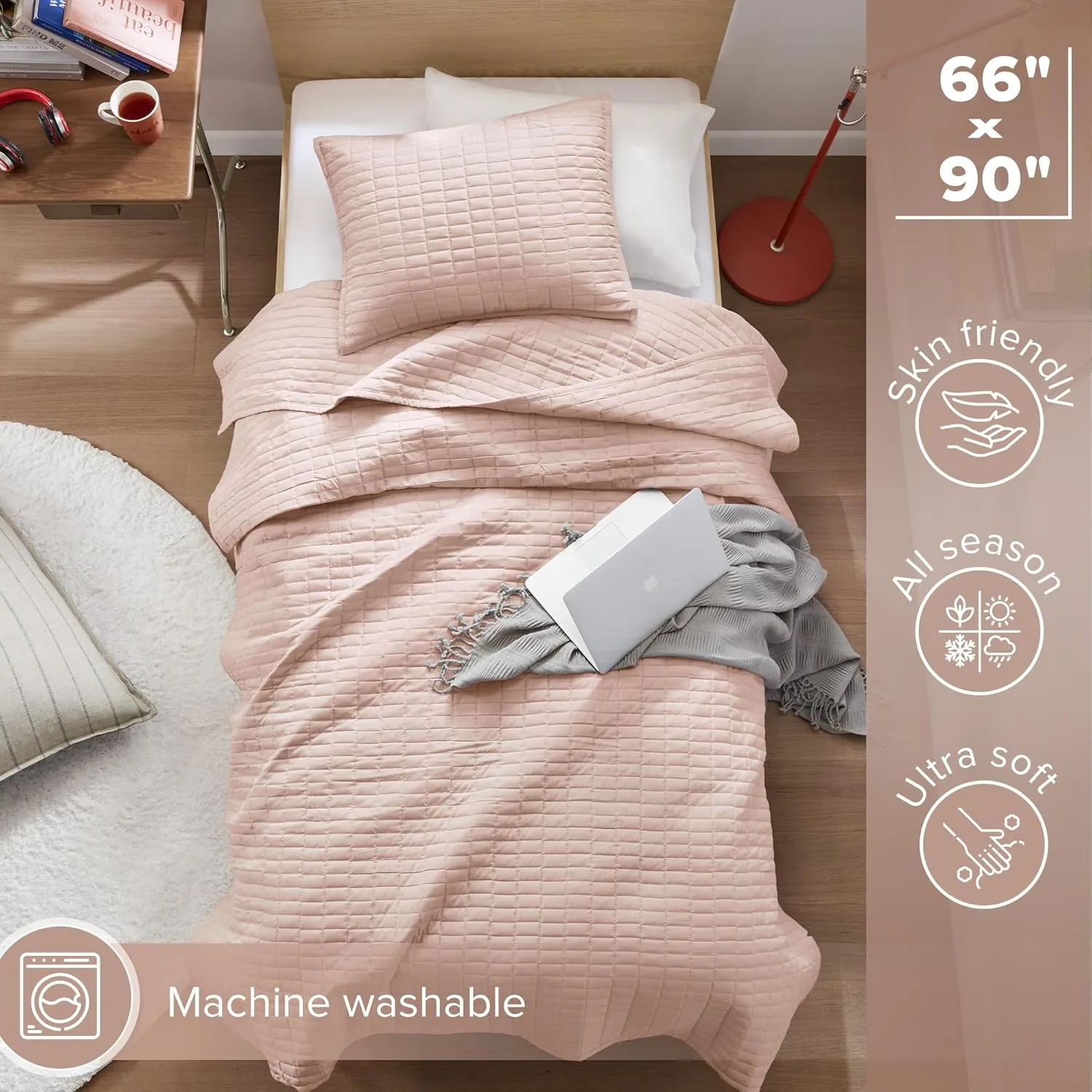Comfort Spaces Kienna Quilt Set-Luxury Double Sided Stitching Design Summer Blanket, Lightweight, Soft, All Season Bedding Layer, Matching Sham, Blush, Coverlet Twin/Twin XL(66"x90") 2 Piece