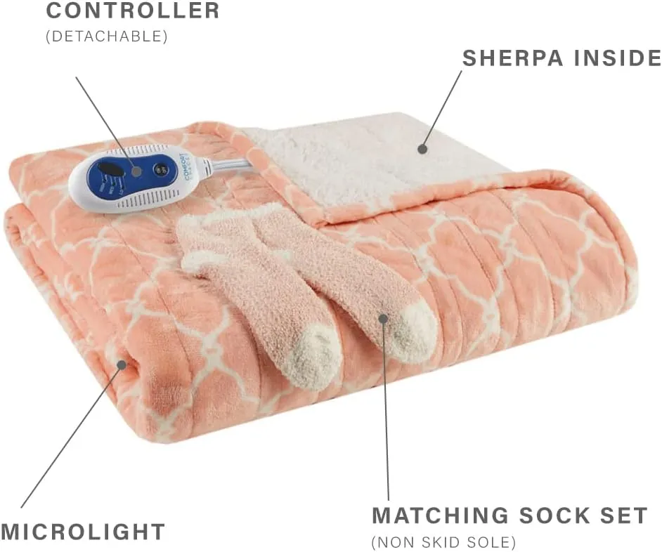 Comfort Spaces Plush to Sherpa Electric Blanket Shawl Shoulder, Neck Wrap with Matching Sock Set, Giftable Ultra Soft, Warm, Snuggle Fleece-Reversible Heated Poncho Throw, 50" W x 64" L, Ogee Blush