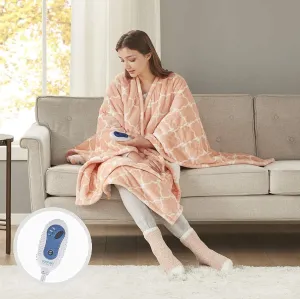 Comfort Spaces Plush to Sherpa Electric Blanket Shawl Shoulder, Neck Wrap with Matching Sock Set, Giftable Ultra Soft, Warm, Snuggle Fleece-Reversible Heated Poncho Throw, 50" W x 64" L, Ogee Blush