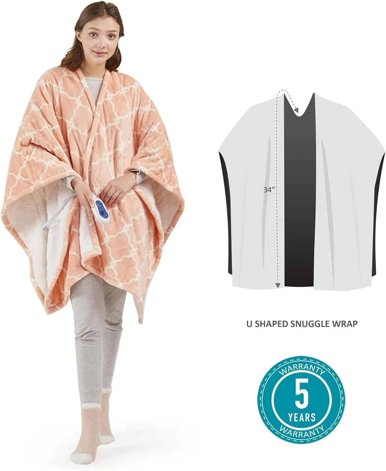 Comfort Spaces Plush to Sherpa Electric Blanket Shawl Shoulder, Neck Wrap with Matching Sock Set, Giftable Ultra Soft, Warm, Snuggle Fleece-Reversible Heated Poncho Throw, 50" W x 64" L, Ogee Blush