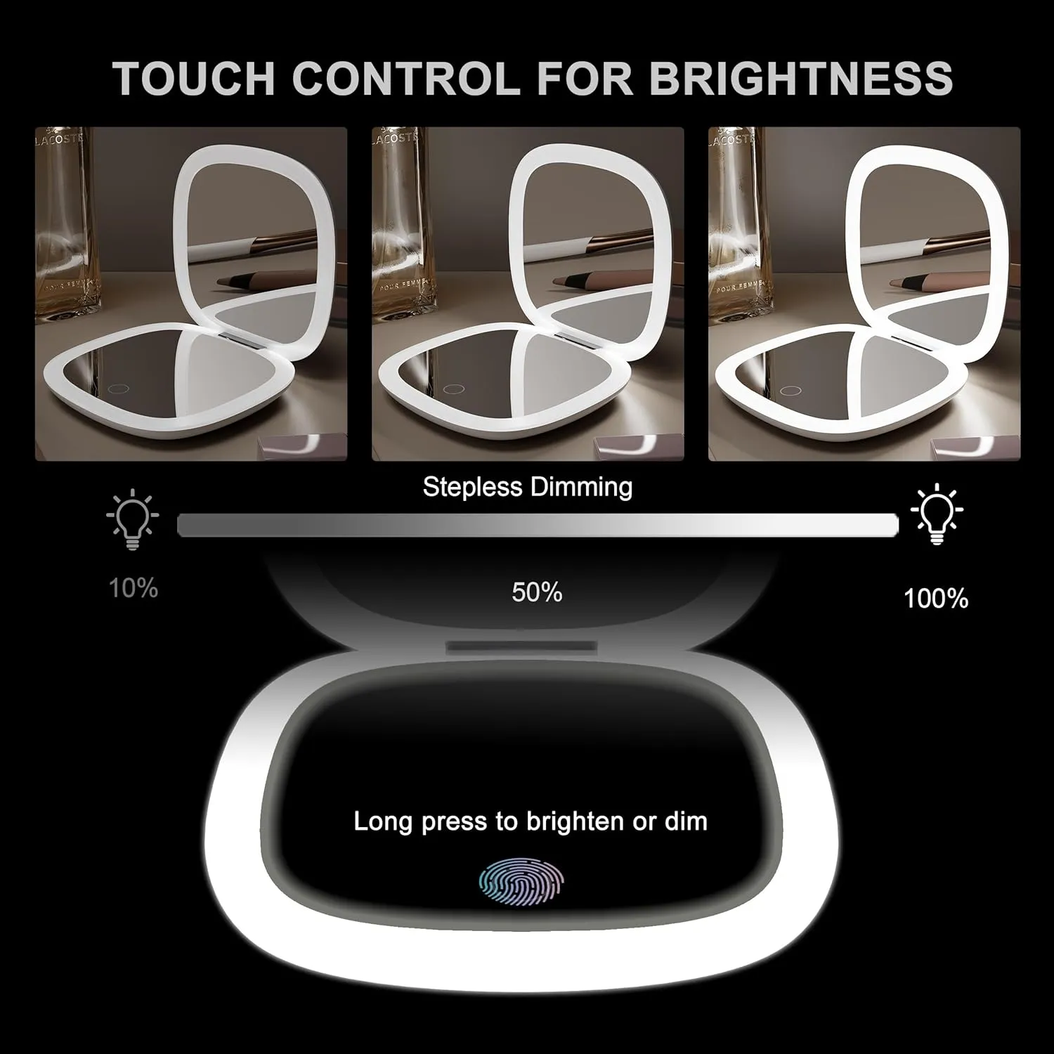 Compact Mirror with LED Light, 1x/10x Magnifying Rechargeable Dimmable Pocket Makeup Mirror for Purse, Travel, 4inch