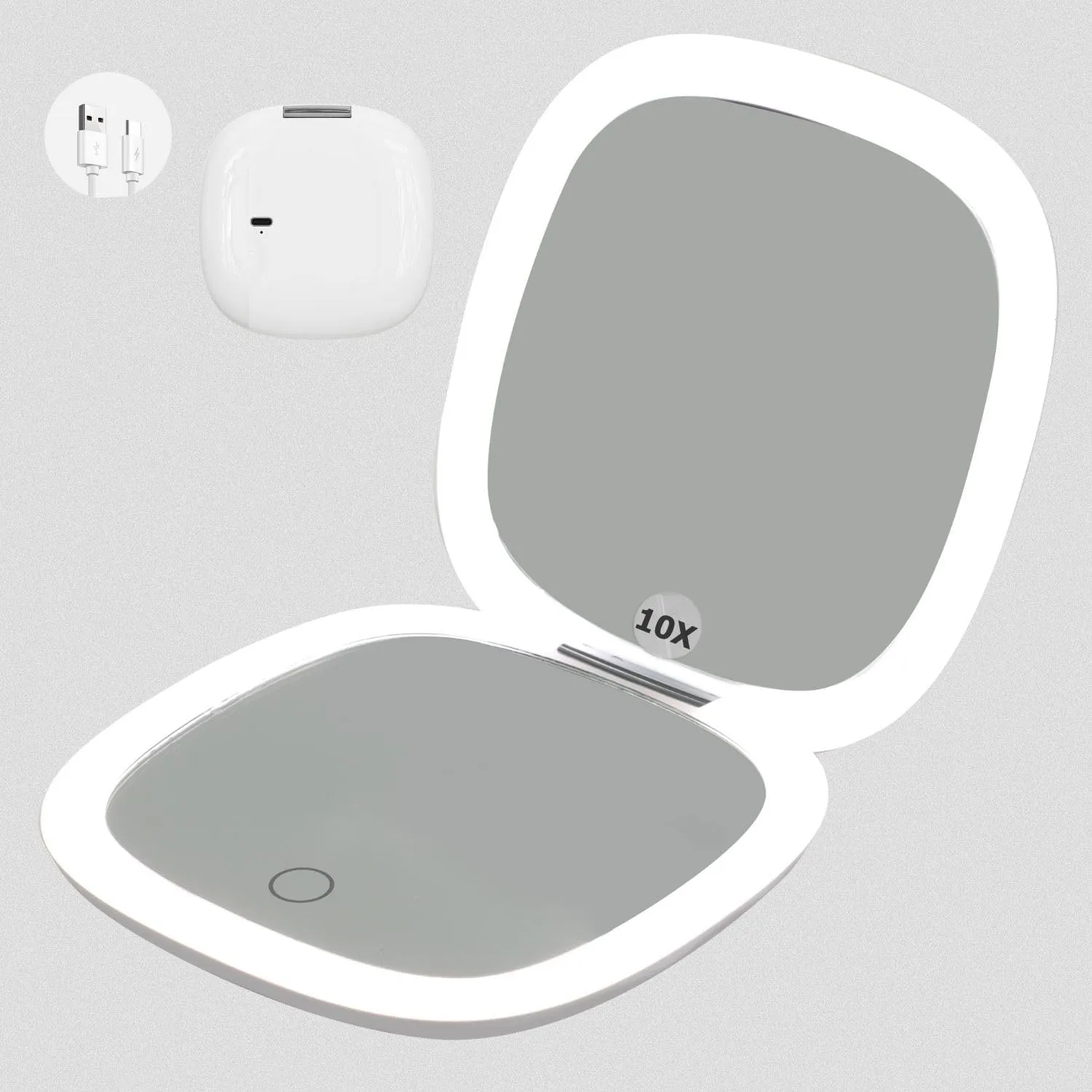Compact Mirror with LED Light, 1x/10x Magnifying Rechargeable Dimmable Pocket Makeup Mirror for Purse, Travel, 4inch