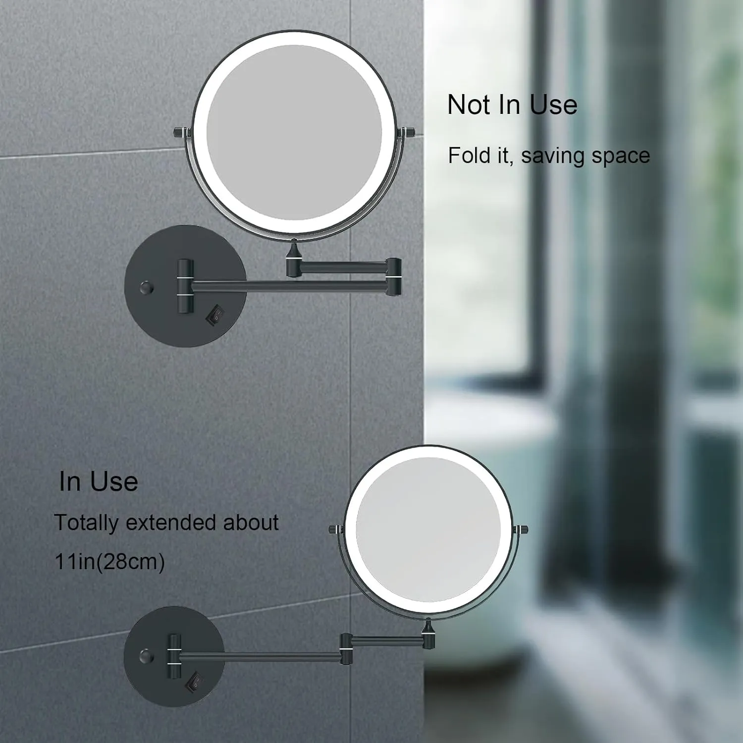 Cosmetic Mirror with Light Wall Mounted, Cosmetic Mirror with Telescopic Arm and Magnification, 360° Rotation Magnifying Mirror with Wall Mount, Shaving Mirror with Telescopic Arm