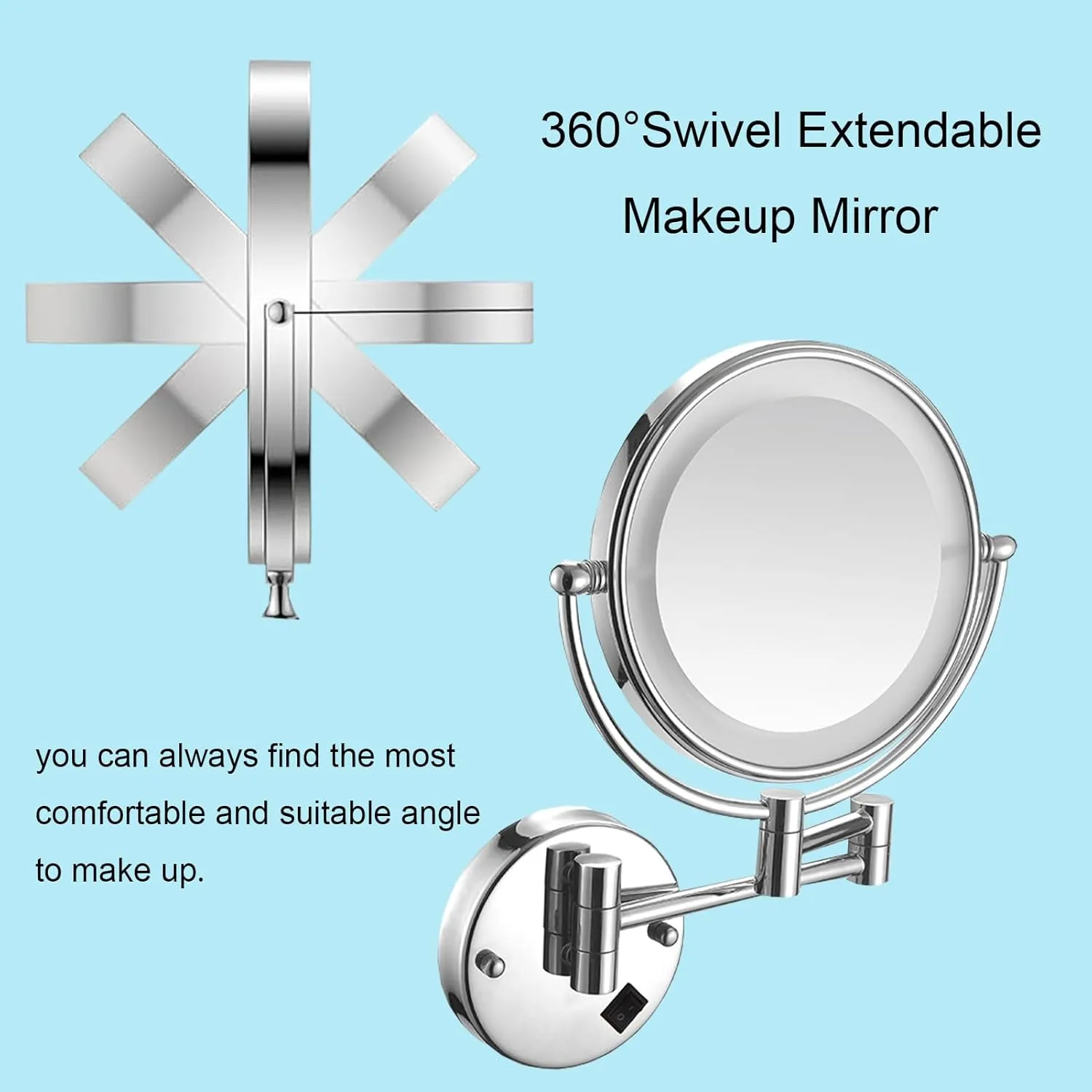 Cosmetic Mirror with Light Wall Mounted, Cosmetic Mirror with Telescopic Arm and Magnification, 360° Rotation Magnifying Mirror with Wall Mount, Shaving Mirror with Telescopic Arm
