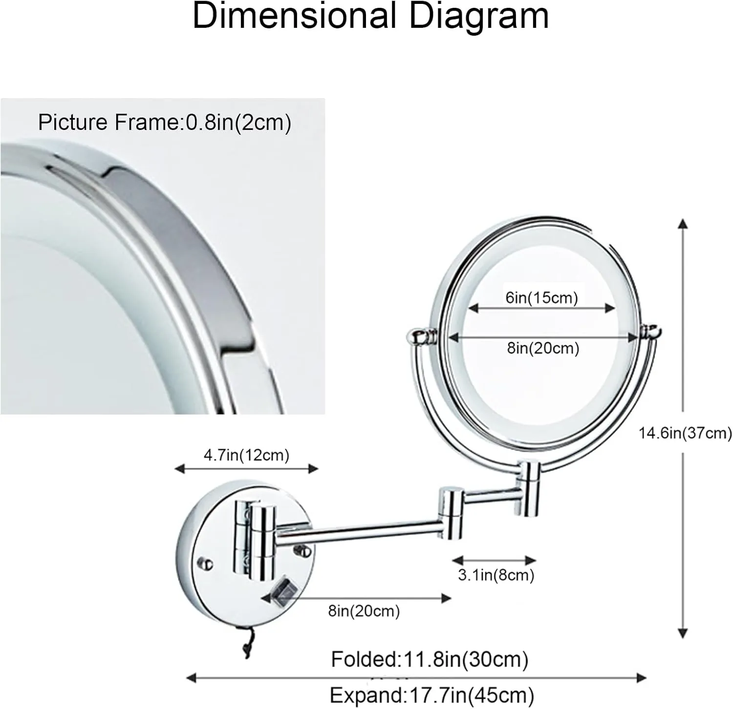Cosmetic Mirror with Light Wall Mounted, Cosmetic Mirror with Telescopic Arm and Magnification, 360° Rotation Magnifying Mirror with Wall Mount, Shaving Mirror with Telescopic Arm
