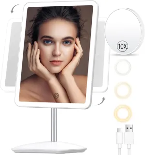 COSMIRROR Makeup Mirror with Lights, Rechargeable 2000mAh Lighted Makeup Mirror with 10X Magnification, 360°Rotation Makeup Vanity Mirror with 3 Color Light, Touch Control Light up Mirror for Makeup