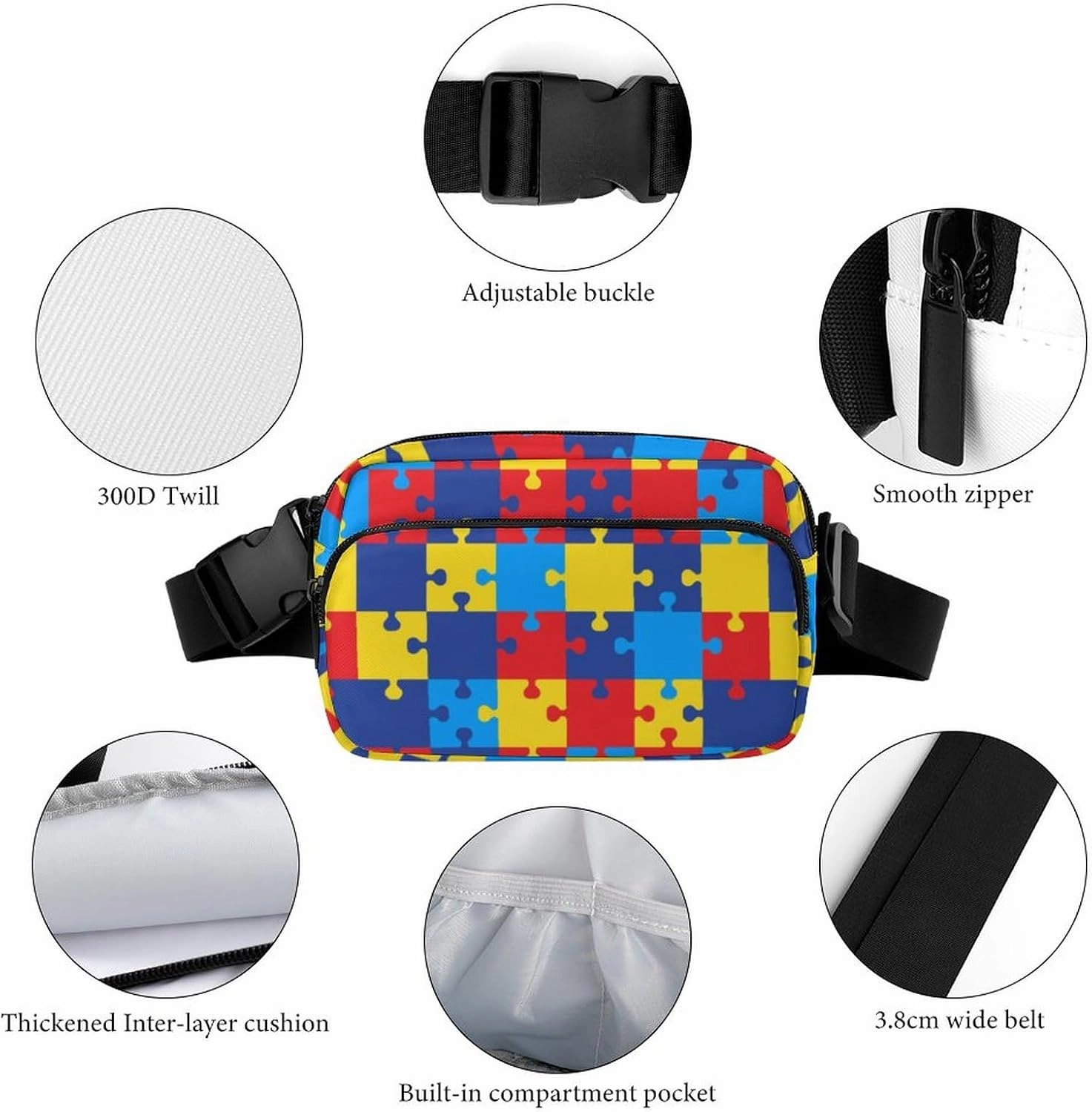 Crossbody Fanny Pack, Autism Awareness Colorful Puzzles Lightweight Belt Bags Waterproof Workout Running Traveling Hiking Waist Pack For Women Men