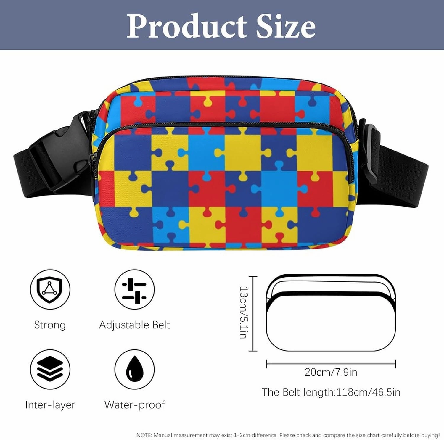 Crossbody Fanny Pack, Autism Awareness Colorful Puzzles Lightweight Belt Bags Waterproof Workout Running Traveling Hiking Waist Pack For Women Men