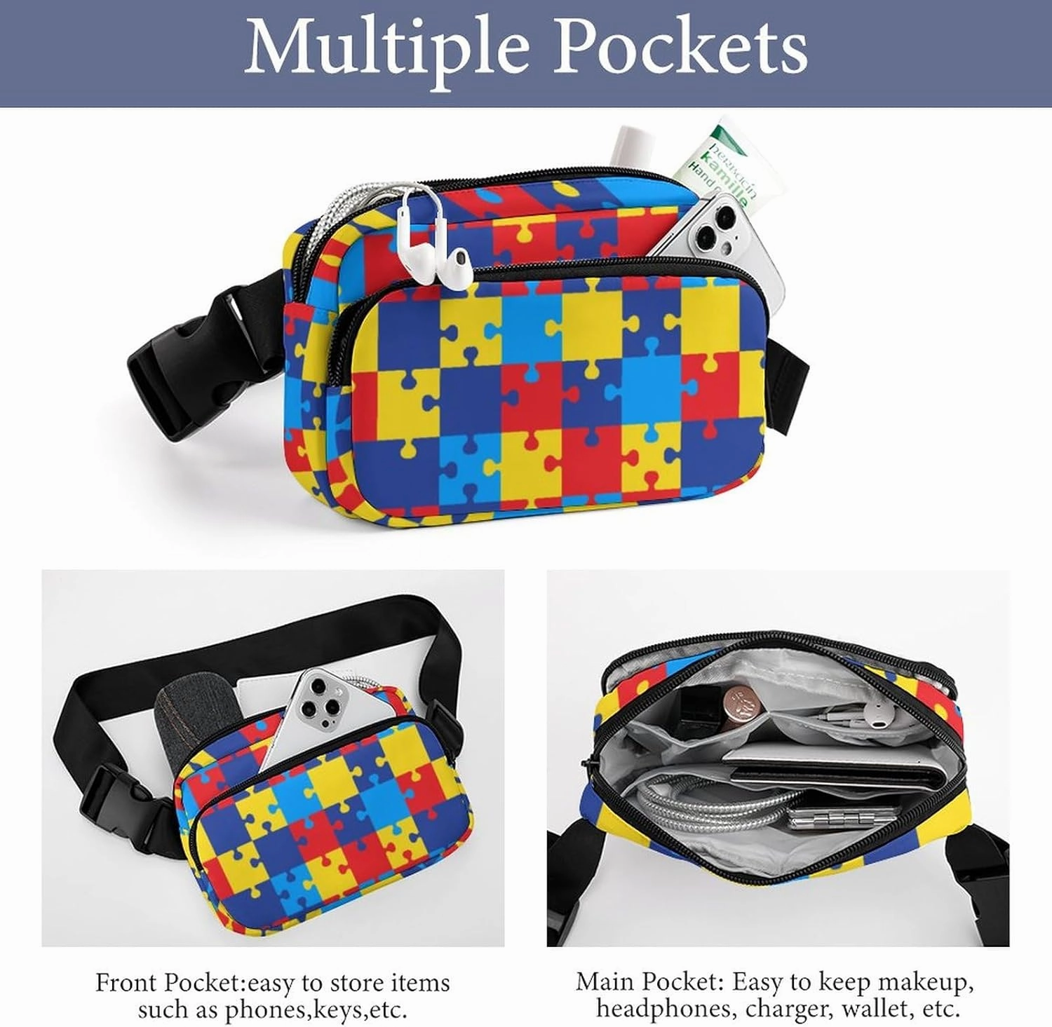 Crossbody Fanny Pack, Autism Awareness Colorful Puzzles Lightweight Belt Bags Waterproof Workout Running Traveling Hiking Waist Pack For Women Men