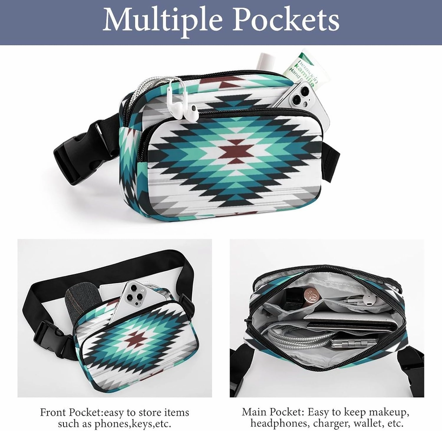 Crossbody Fanny Pack for Women Men, Teal Turquoise Tribal Navajo Aztec Geometric Ethnic Pattern Belt Pouch Bum Bag Adjustable Strap, Lightweight & Waterproof Waist Pack Outdoors Sport Running Pack